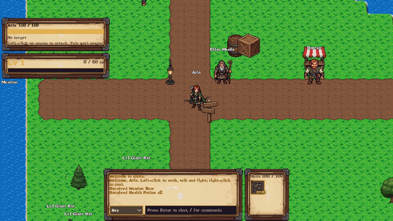 The starter town in MMO Run: an archer at a crossroads with the village elder and a merchant nearby