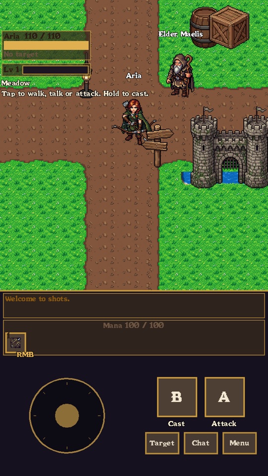 MMO Run on a phone held upright, with a stick and A and B buttons below the world
